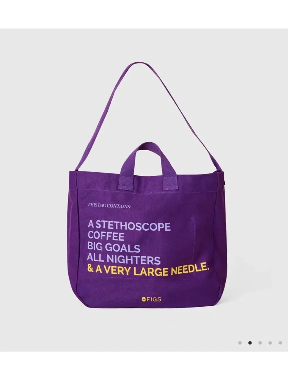 Figs Purple Tote with Yellow Very Large Needle Slogan
